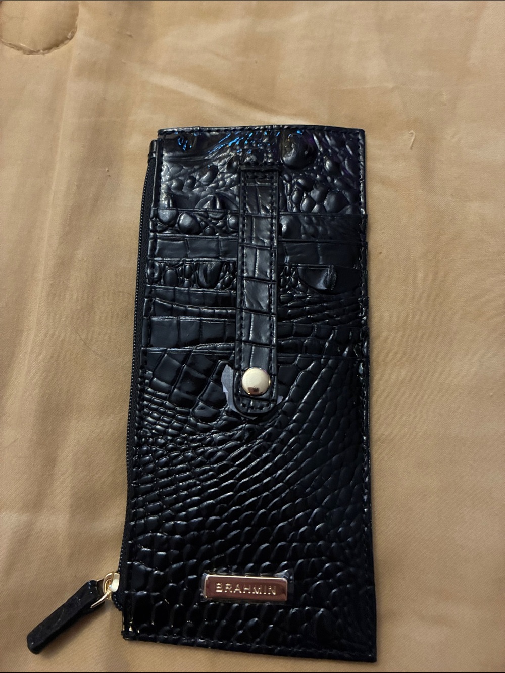 Brahmin Black Croc-Embossed Leather womens Zip & Snap Wallet